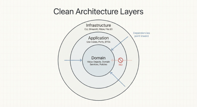 Onion diagram showing Domain, Application, and Infrastructure layers with arrows pointing inward and an outward arrow marked as forbidden