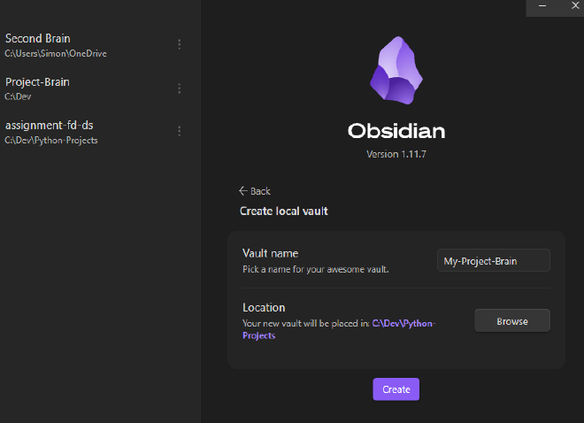 Obsidian Create local vault dialog with vault name and folder location